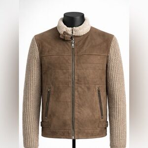 Men's Tan Suede Bomber Jacket with Knit Sleeves